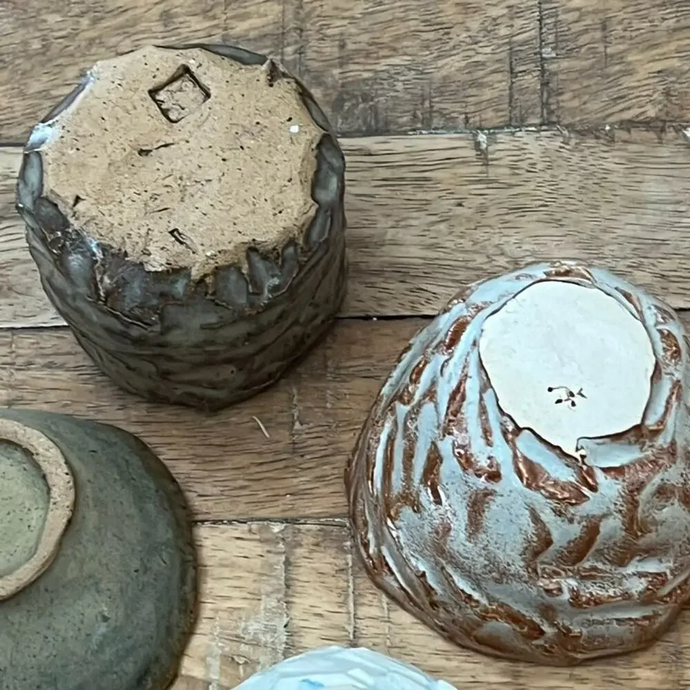 Organic Shape Handmade Textured Ceramic Bowls Set of 4 Rustic Earthy Tones